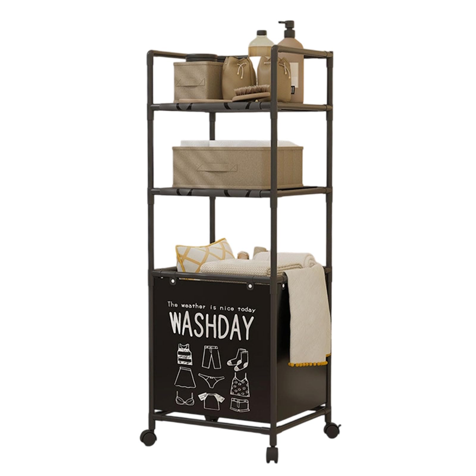 Space Saving Laundry Basket with 2 Shelves Sturdy Oxford Fabric Removable Liner Foldable Clothes Organizers Laundry Basket with Wheel