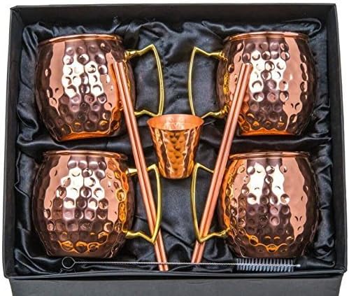 Old Moscow Mule Copper Mugs - 16oz Solid Copper Hammered Cups - Gift Set Bundle of 4