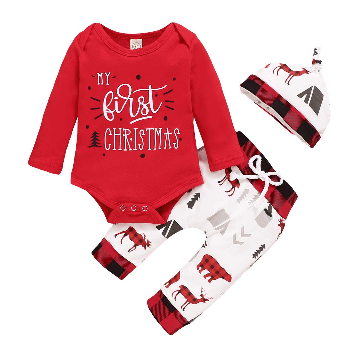 Verve Jelly Newborn Baby Boy Girl My First Christmas Outfits Red Romper Bodysuit+Deer Print Pants+ Hat 3Pcs Infant Pajamas Set