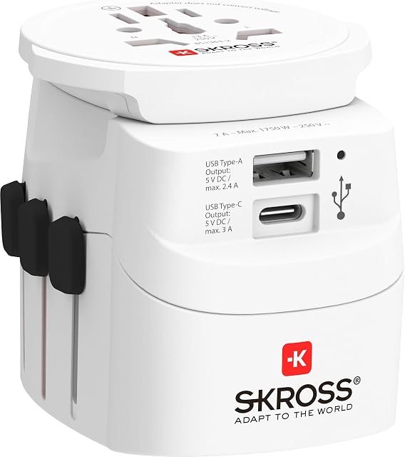SKROSS | 1.302472 | PRO Light USB (AC) - World | Universele 3-pins reisadapter met 1 x USB C 3.0 A & 1 x USB A 2.4 A). Spanning en vermogen: 100 V 700 W / 250 V 1750 W.