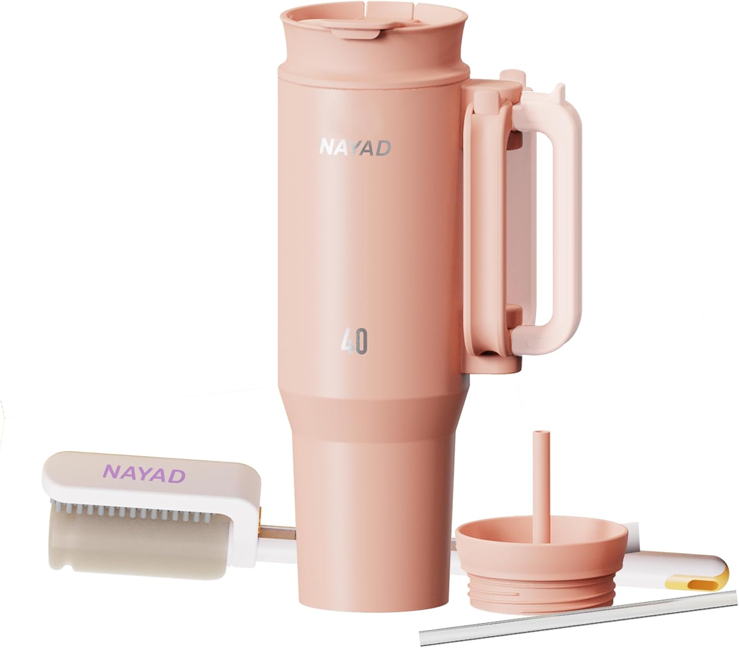 Nayad 40 oz isoleret tumbler i rustfrit stål med håndtag og strå, lyserødt rejsekrus med flip låg