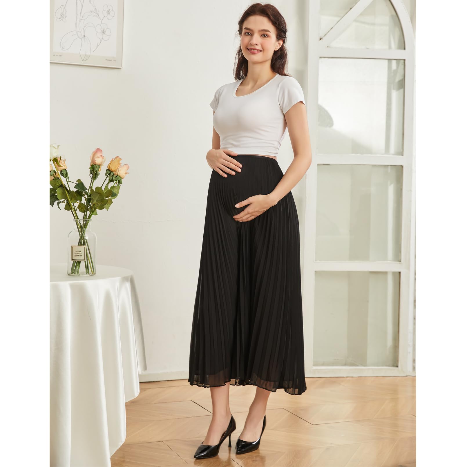 COLOMI Jupes longues pour femmes d'été de maternité, taille haute élastique, jupe plissée en mousseline de soie, jupe trapèze longue trapèze
