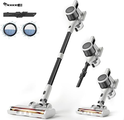 BSNAW Cordless Vacuum Cleaner for Home - Lightweight, Stick Vacuum Clean with Rechargeable Battery, Max 45Mins Runtime, 8 in 1 Handheld Vacuum for Hardfloor & Carpets Pet Hair, White&Yellow