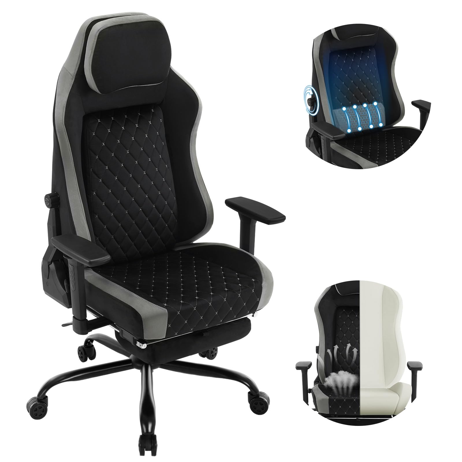 WOLTU Gaming Stuhl, Bürostuhl ergonomisch, mit Langlebiger integrierter Schwamm, adaptiver Lendenwirbelstütze, Fußstütze Armlehnen, Samtbezug Metallrahmen, Schwarz + Grau