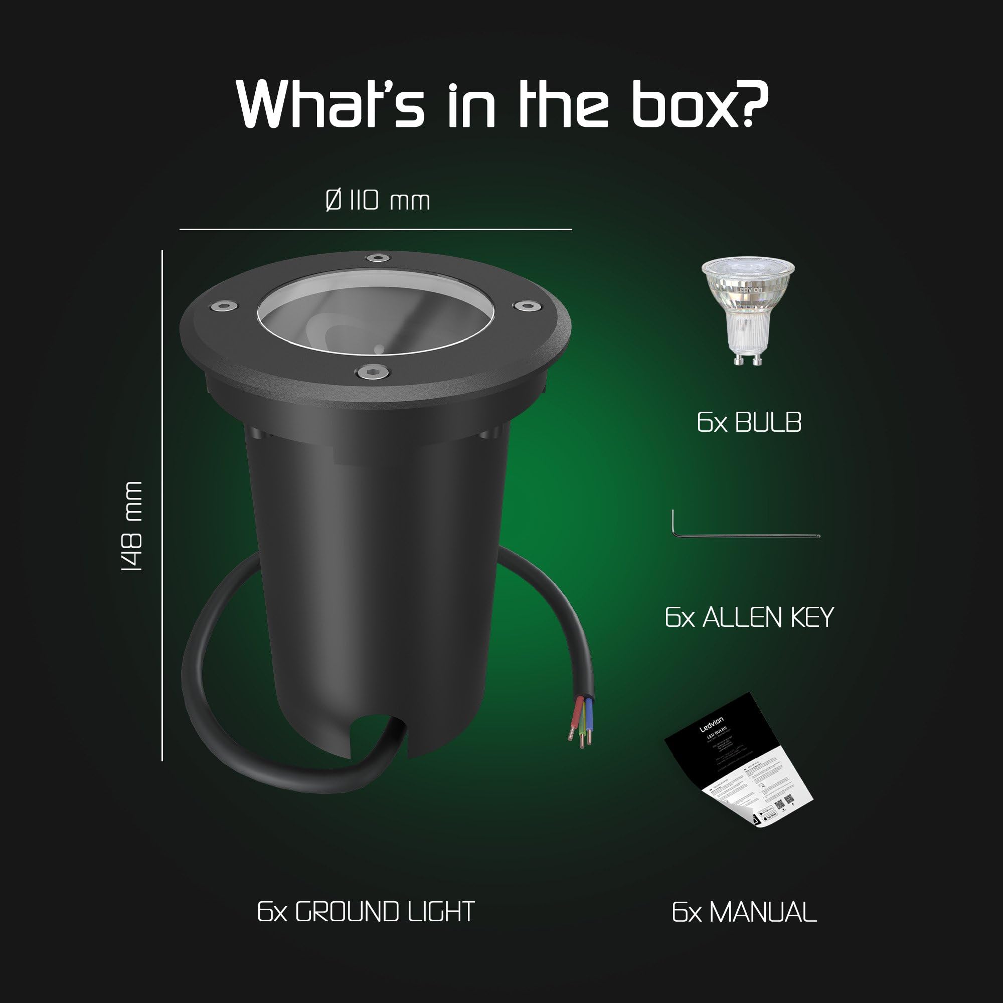 Ledvion - Set da 6 faretti LED incassati, 3W, 2700K, IP67, cavo 1m, orientabile, illuminazione esterna