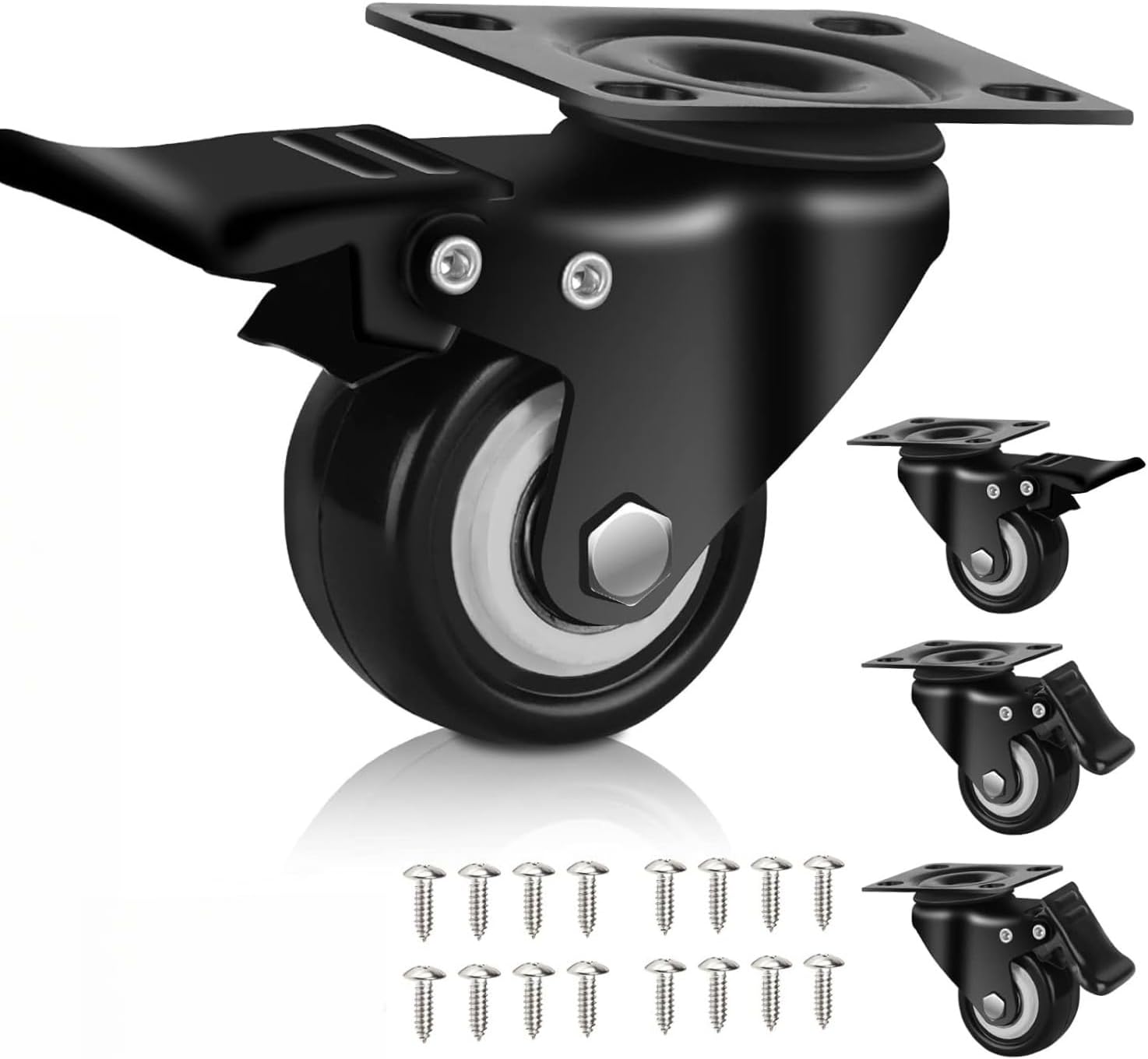 4 Pack Heavy Duty Black Swivel Castor Wheels with Rubber Wheels, Max Load 320kg/705lbs, Includes 16 Screws - Durable and Smooth Rolling for Easy Mobility.