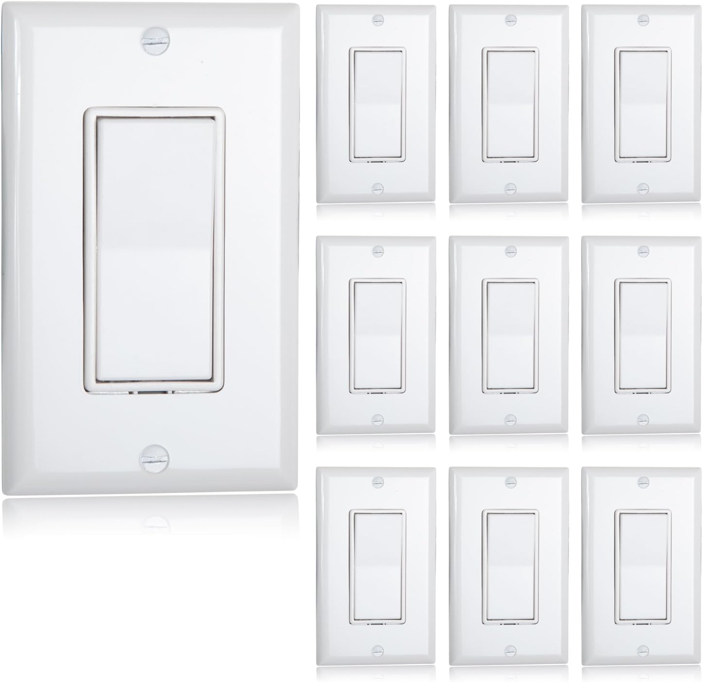 Maxxima 3 Way Decorative Wall Switch On/Off White 15A, Rocker Light Switch Wall Plates Included (Pack of 10)