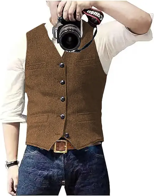 Gilet sans manches homme en laine et tweed, motif chevrons, col V