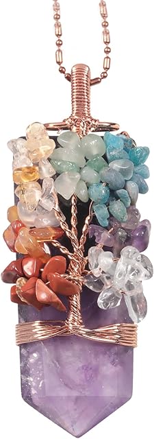 Nupuyai 7 Chakra Crystal Tree of Life Pendant Necklace for Women, Wire Wrapped Hexagonal Stone Crystal Point Pendant with Chain