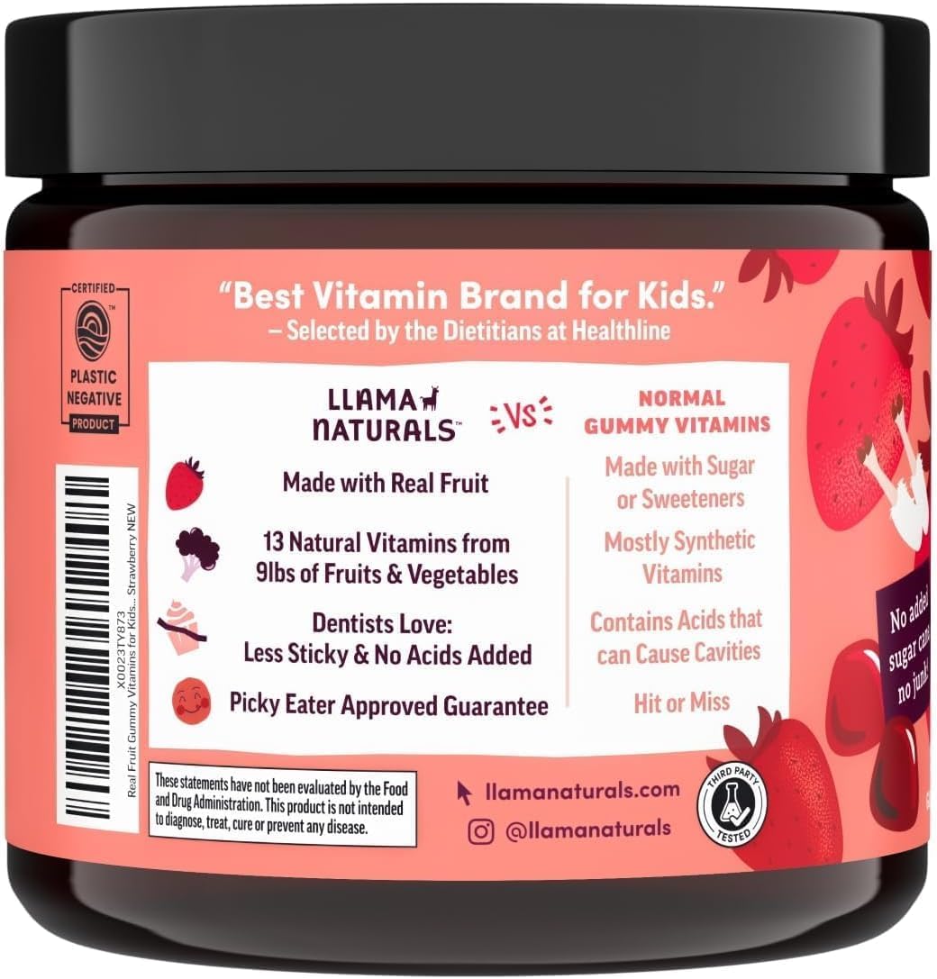 Llama Naturals Kids Multivitamin Gummies, Vegan, Organic with Vitamin D, C & K, Toddler Real Fruit Gummy Vitamins, Chewable Supplement, Cherry and Strawberry. 90 Ct