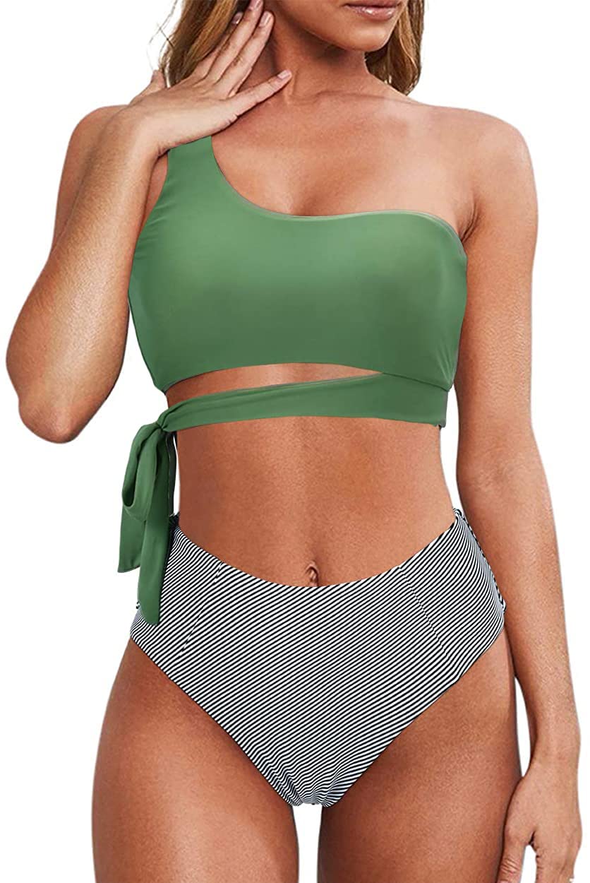 Rayson Trajes de Baño Mujer de Dos Piezas Bikinis Push Up Braga Alta Bañadores Reductor Barriga Bikini Bandeau un Hombro Brasileños