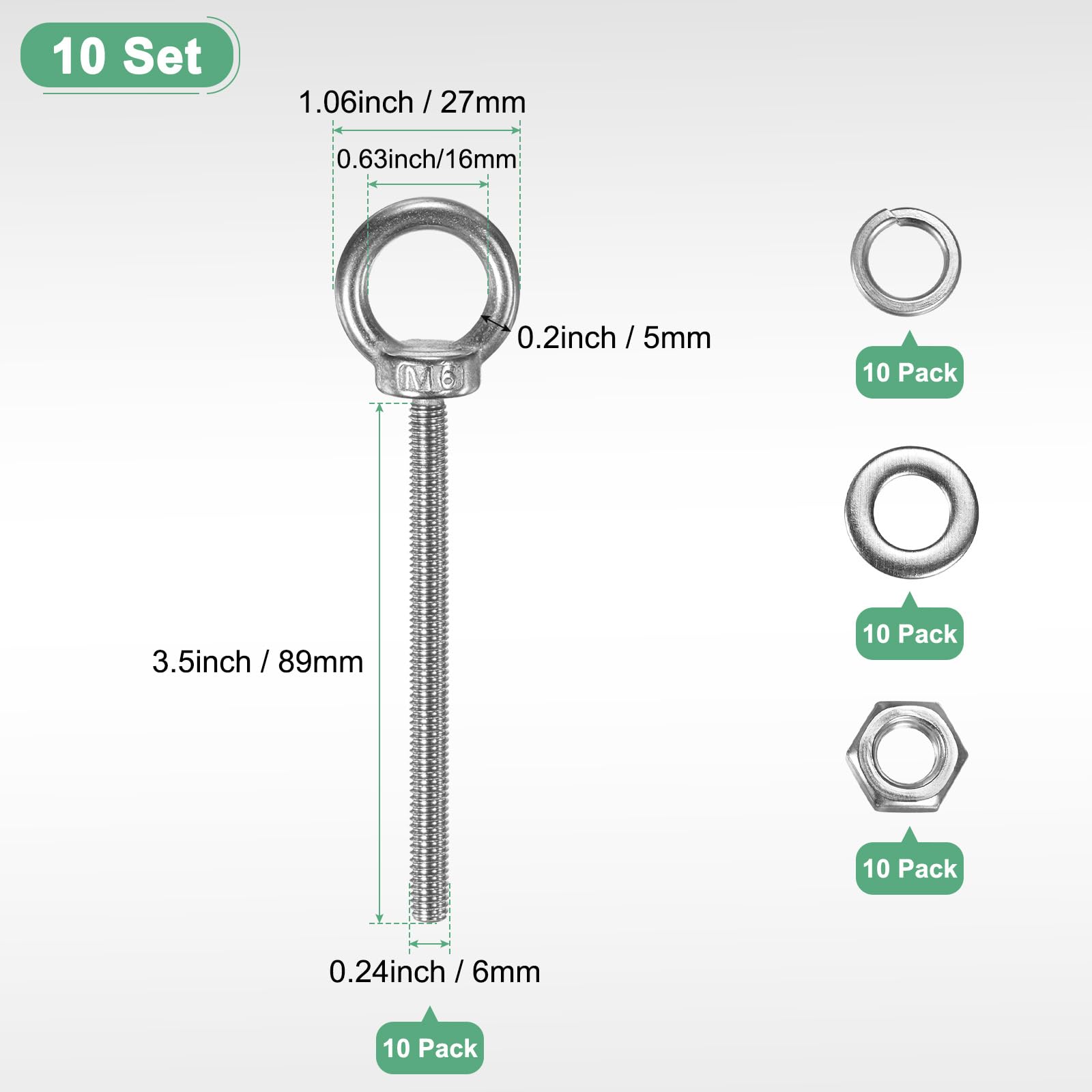 M METERXITY 10-Sets Stainless Eyebolt M6x89mm Shoulder Lifting Eye Bolt with Nuts Washers Male Screw Thread Ring Shoulder Eye Bolts Length 3.5 Inch for Suspending/Fastening - Image 3
