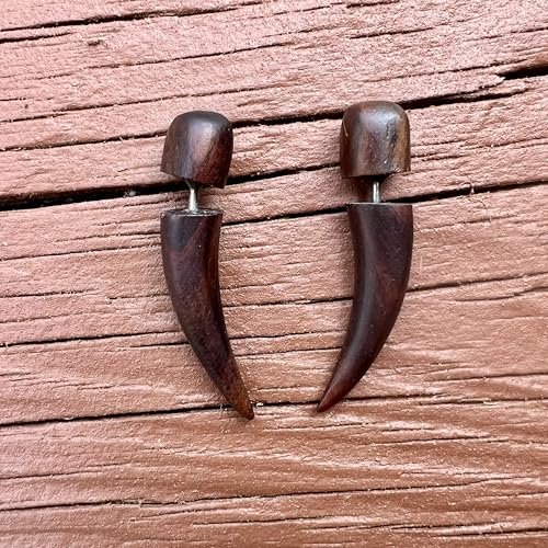 Spike Fake Taper Gauges for Women or Men - Faux Gauge Earrings with Organic Wood and Surgical Steel - Fake Plugs Sold as a Pair in Black or Brown3