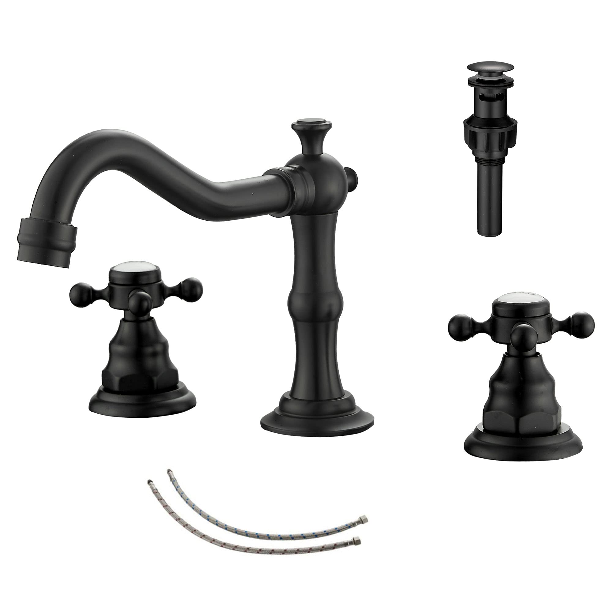 GGStudy Matte Black Bathroom Faucet 2 Handles 3 Holes Faucet 8 inch Widespread Bathroom Sink Faucet Tap Mixer Supply Hose Included Matching Metal Pop Up Drain