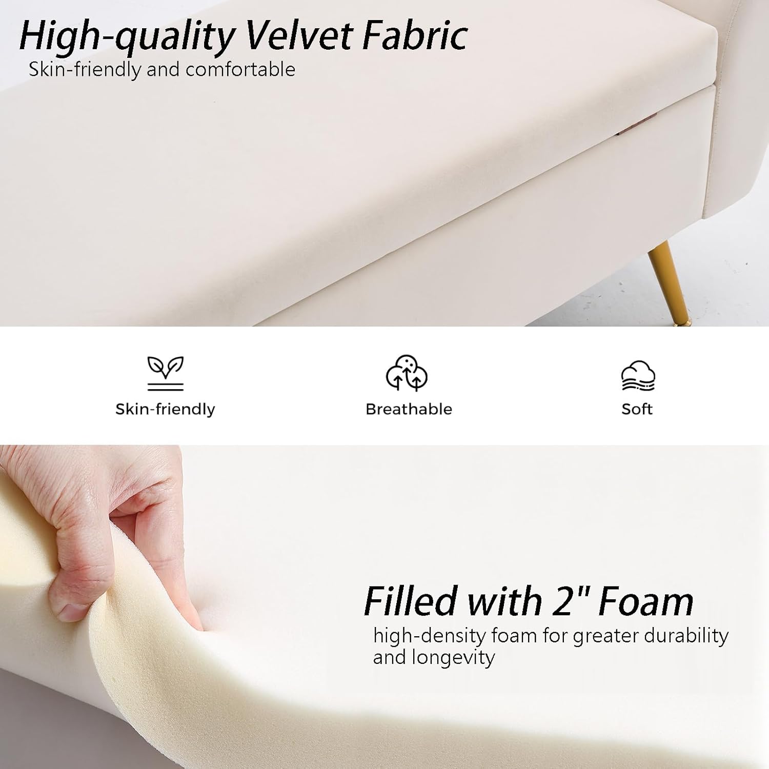 Storage Bench for Bedroom, 55" Extra Long Bench for King Size Bed, Modern Upholstered End of Bed Ottoman Bench with Arms for Entryway Living Room (Velvet, Ivory White)