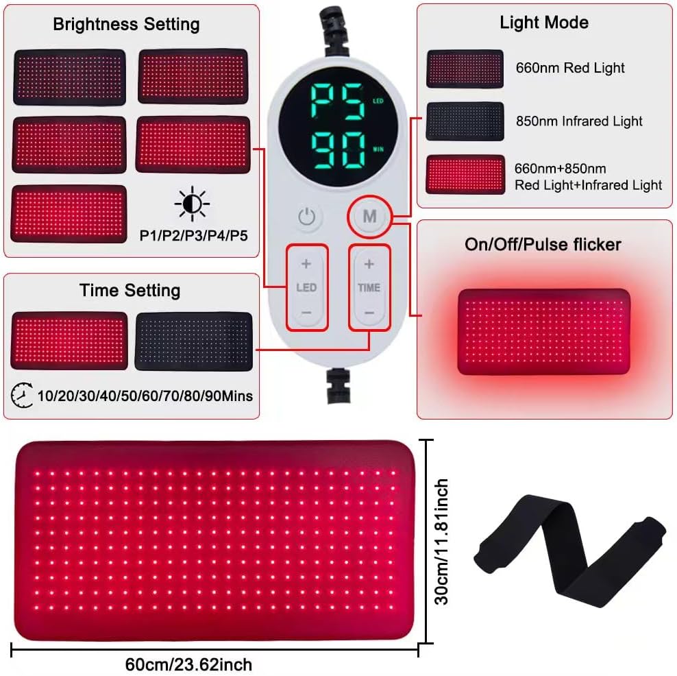 Infrared Red Light Therapy, 24’’ x 12’’Large Red Light Therapy Mat with Timer Remote Control, 660nm&850nm NIR Deep Wavelength Blanket Pad for Back Belly Knee Body Pain Relief (with Elastic Strap)
