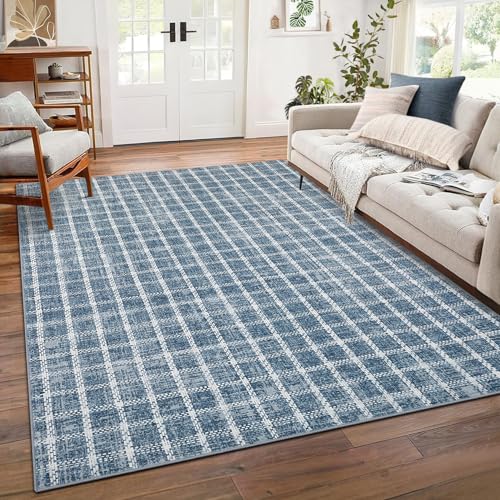 ROYHOME 5x7 Light Blue Checkered Rug for Living Room Washable Plaid Rugs
