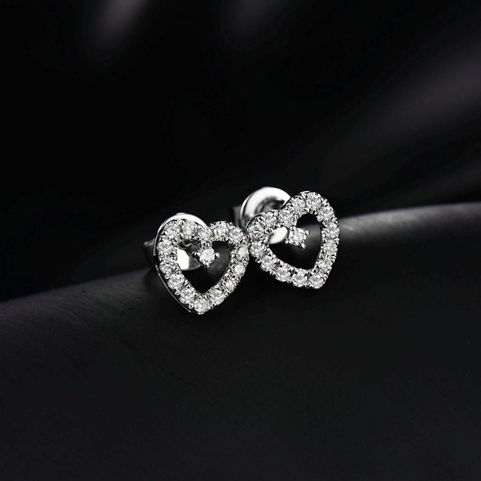 9K / 14K / 18 K Weißgold Ohrringe Hochzeit Damen, Hohl Herz mit Diamant, Ohrringe Silber Damen für Hochzeit