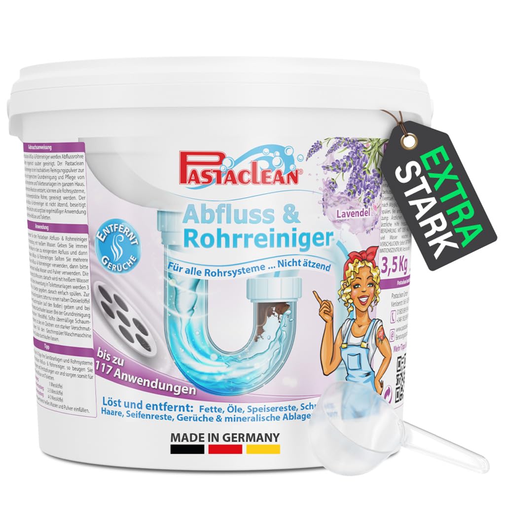 Pastaclean® 3,5 kg Abflussreiniger mit Lavendel Duft - Profi Rohhreiniger Pulver gegen Verstopfungen in Dusche, Küche und Toilette, Made in Germany