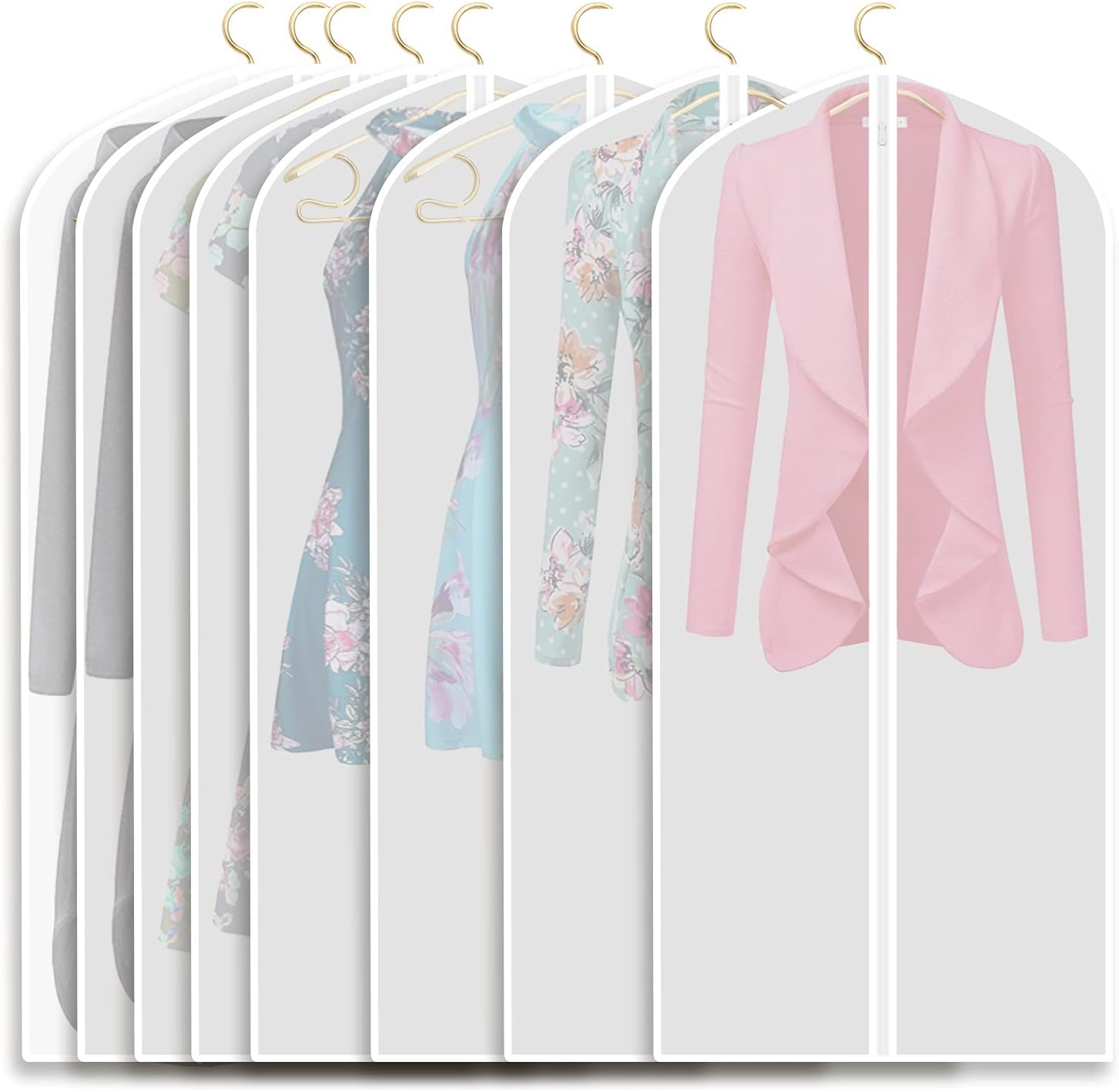 Refrze Garment Bags with Zipper, Garment Cover, 8 Pack Clear Garment Bags, Hanging Garment Bag, Dress Garment Bags for Closet Storage or Travel, Breathable Garment Covers 24'' x 40''/ 8 Pack
