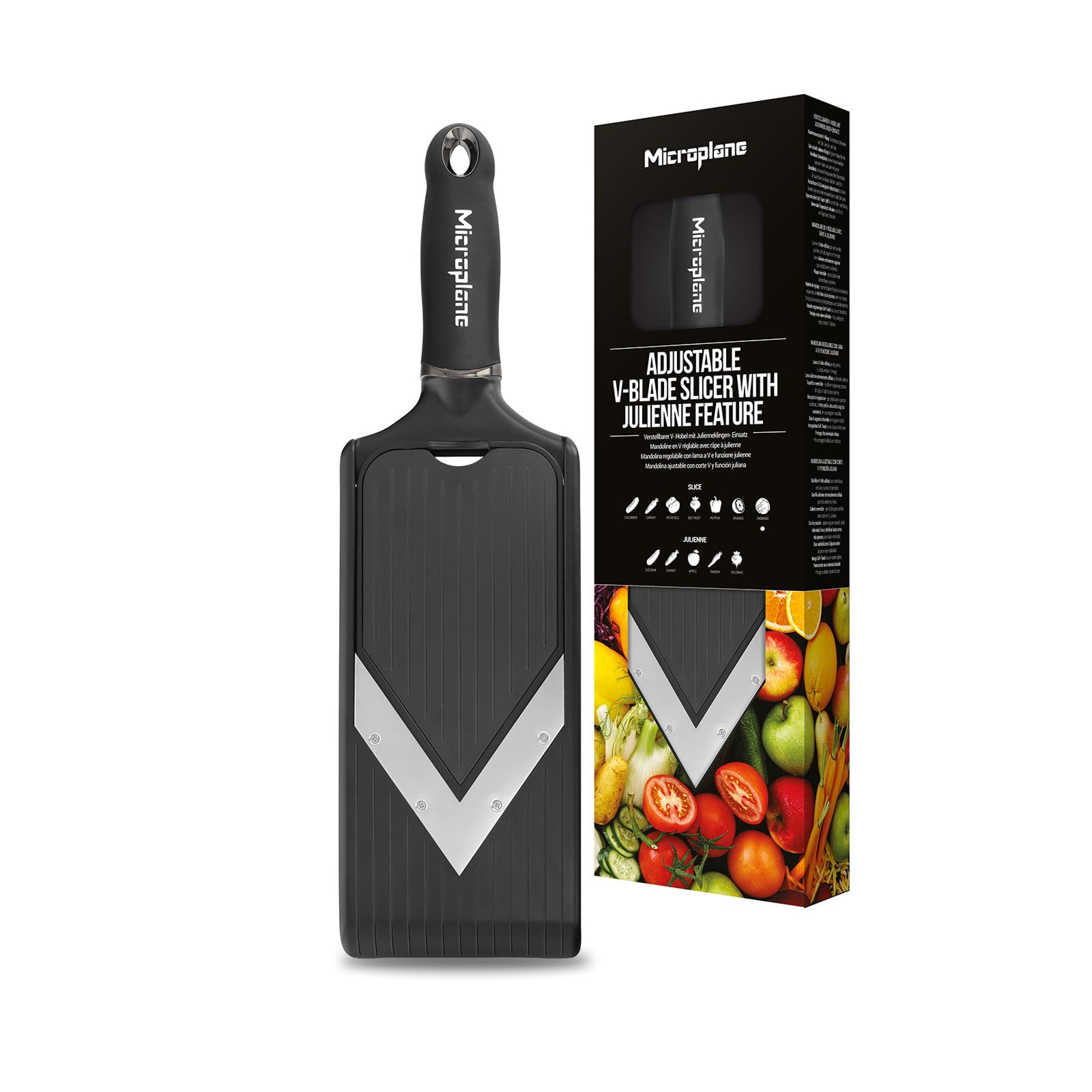 Mandoline en V réglable avec râpe à julienne, avec la pince protège-doigts inclus