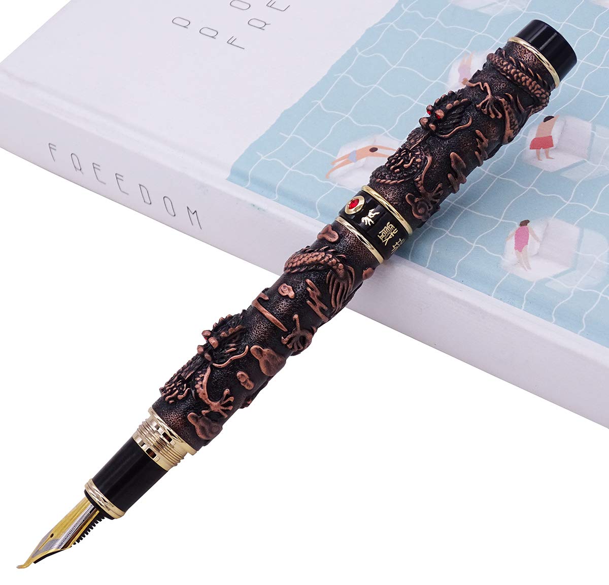 Jinhao Stylo-plume en métal bronze rouge 3D double dragon embossement Fude plume courbée calligraphie signature stylo