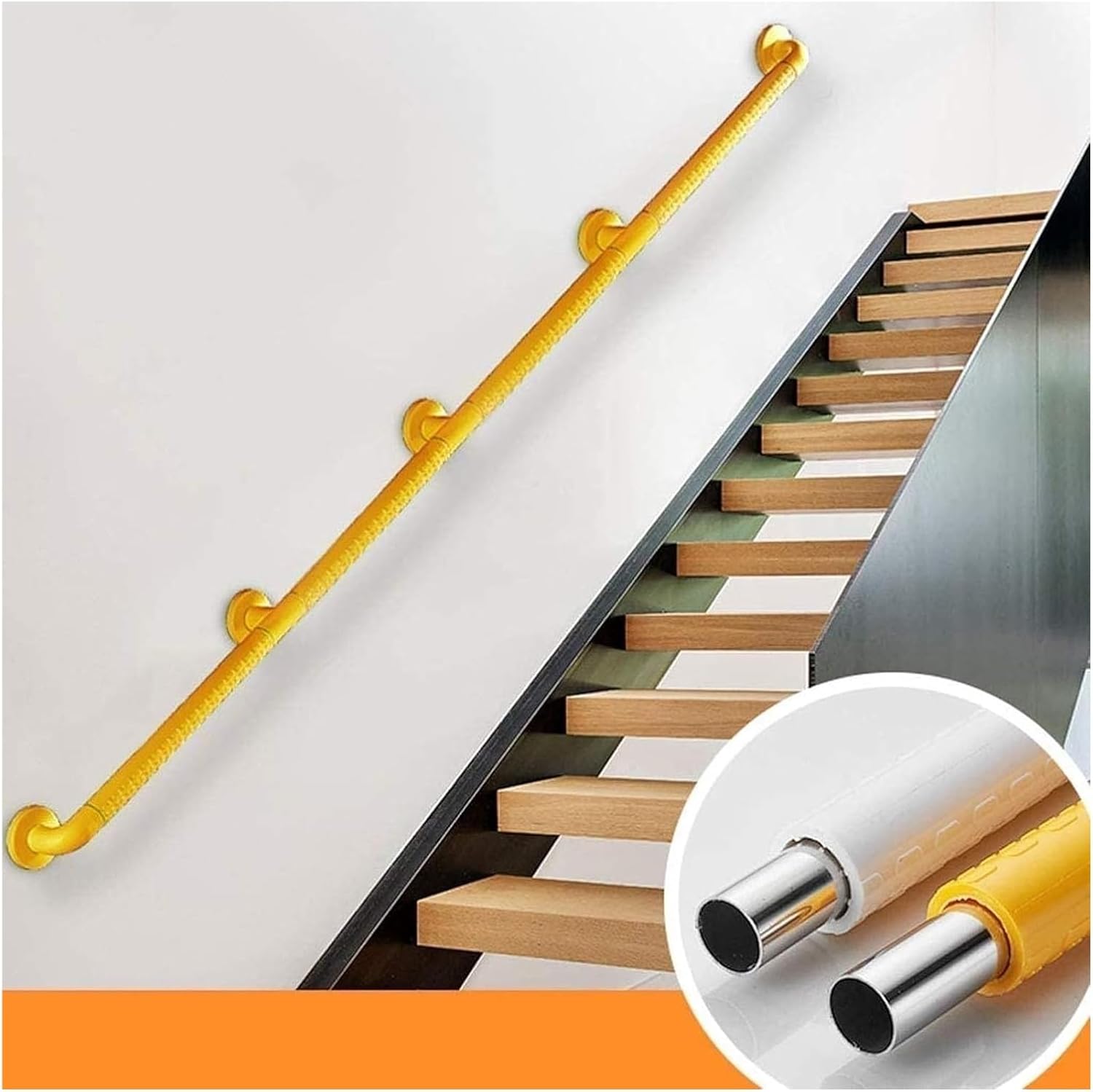 Staircase Handrail Rail Banister Kit,Stainless Steel for Indoor Outdoor Stairs Yellow Non-Slip Shell Railing with Wall Mounts(50cm)