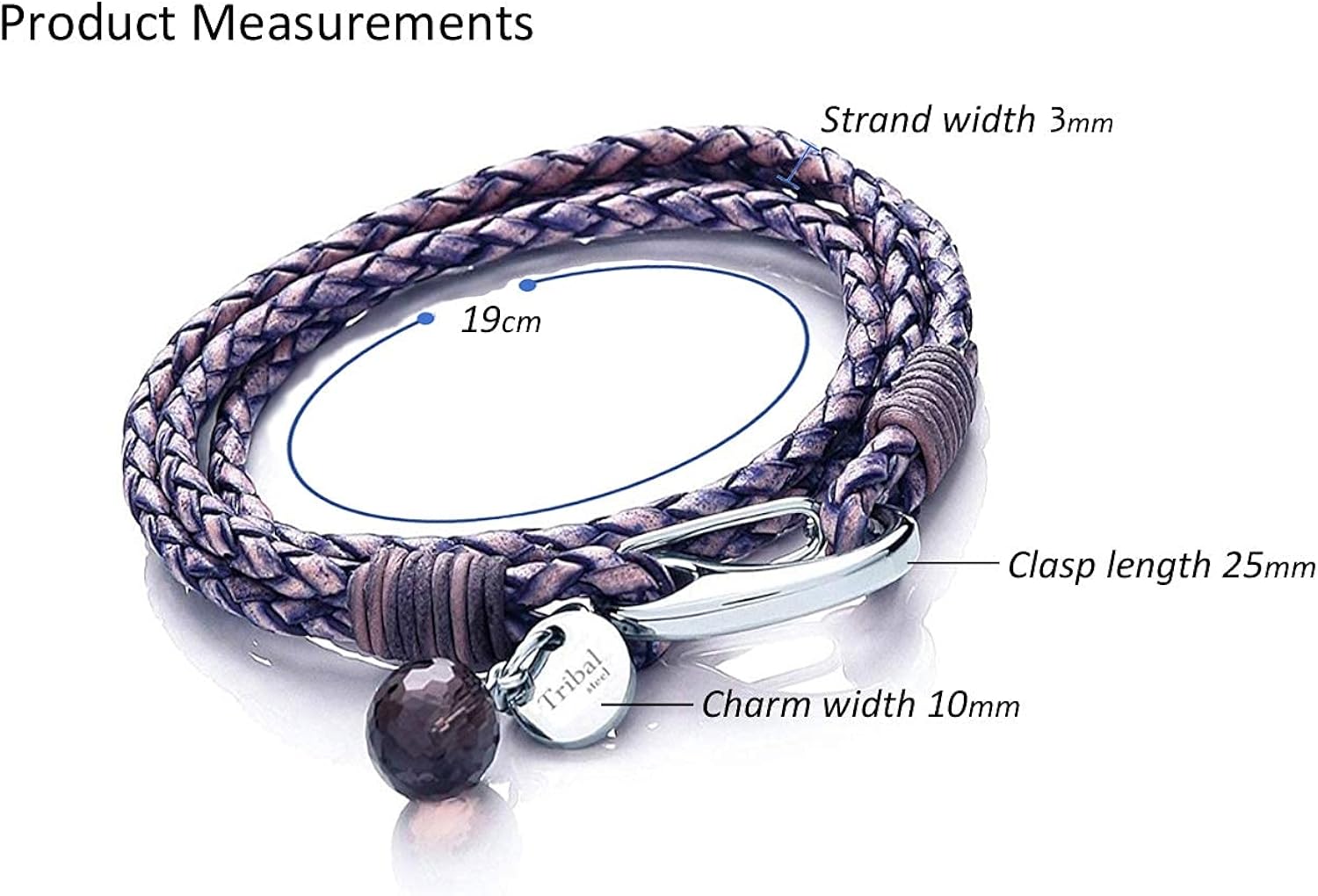 Tribal Steels. by Midhaven Violet Blue Leather Bracelet for Women, Ladies 19cm Leather Charm Bracelet with a Crystal Charm - Image 5