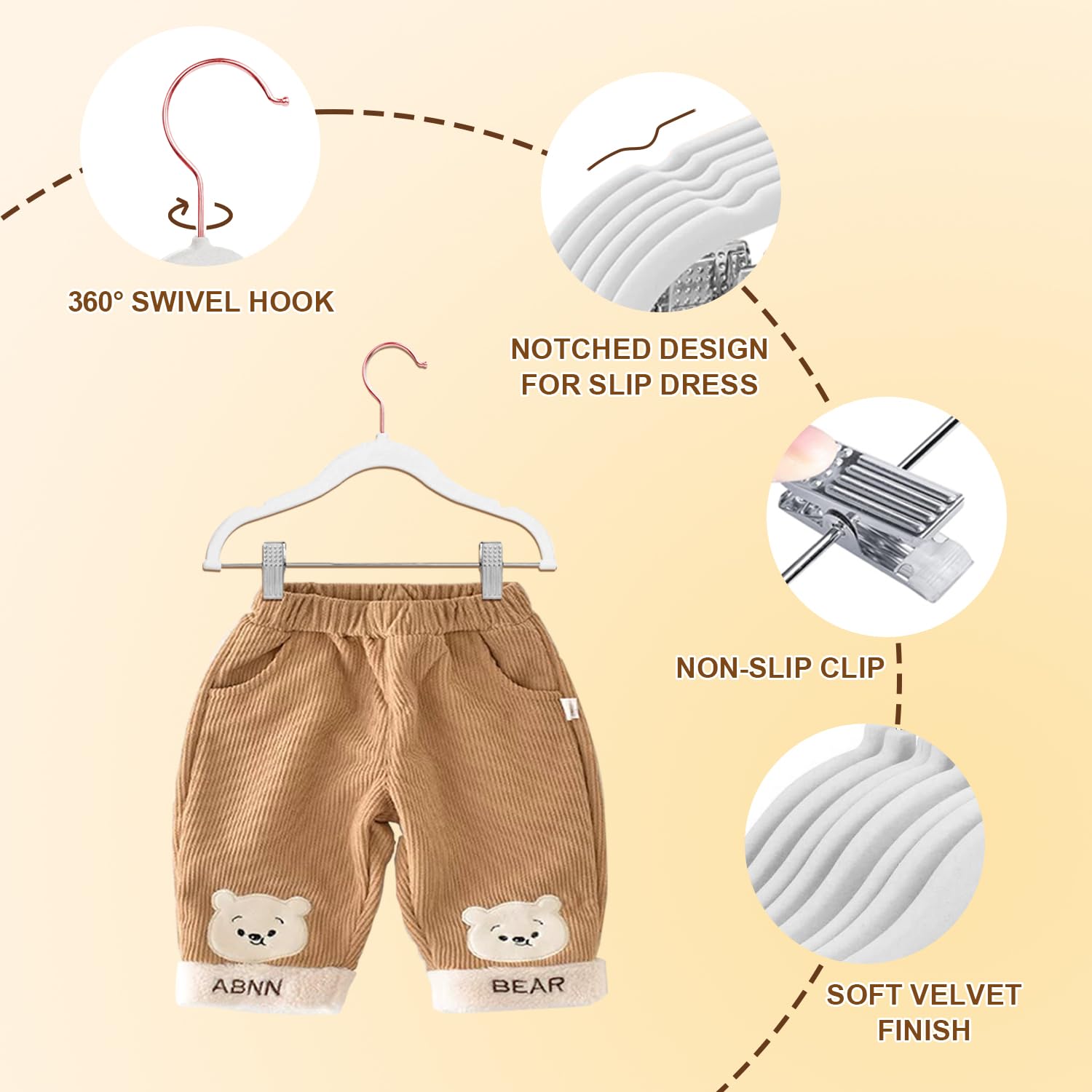 Appendiabiti per Bambini con clip, 30cm Grucce per Bambini con Ganci Girevoli a 360°, Grucce di Velluto Antiscivolo per Camicie, Pantaloni, Gonne, Abiti, Giacche 14 Pezzi Bianco (Oro Rosa)