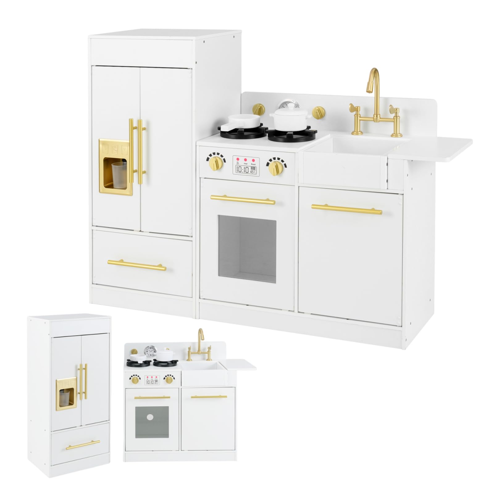 Maxmass 2 in 1 Kids Modular Play Kitchen, Wooden Toddler Toy Kitchen with Refrigerator, Dishwasher, Ice Maker, Sink, Stove, Cookware Accessories, Children Cooking Role Playset for 3+ Years Old