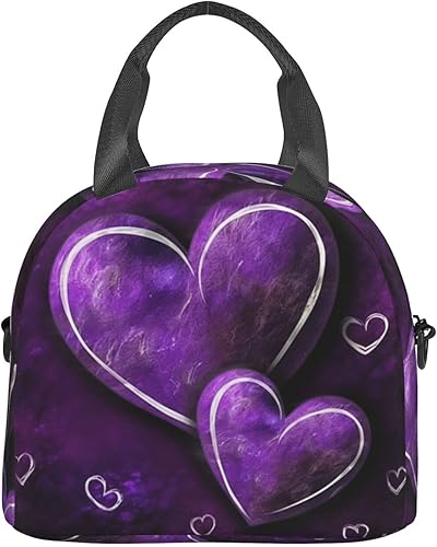 Miniatura 3 de Dwrepo Lonchera con estampado de corazones morados para mujeres y hombres, lonchera aislada con correa ajustable para el hombro, lonchera