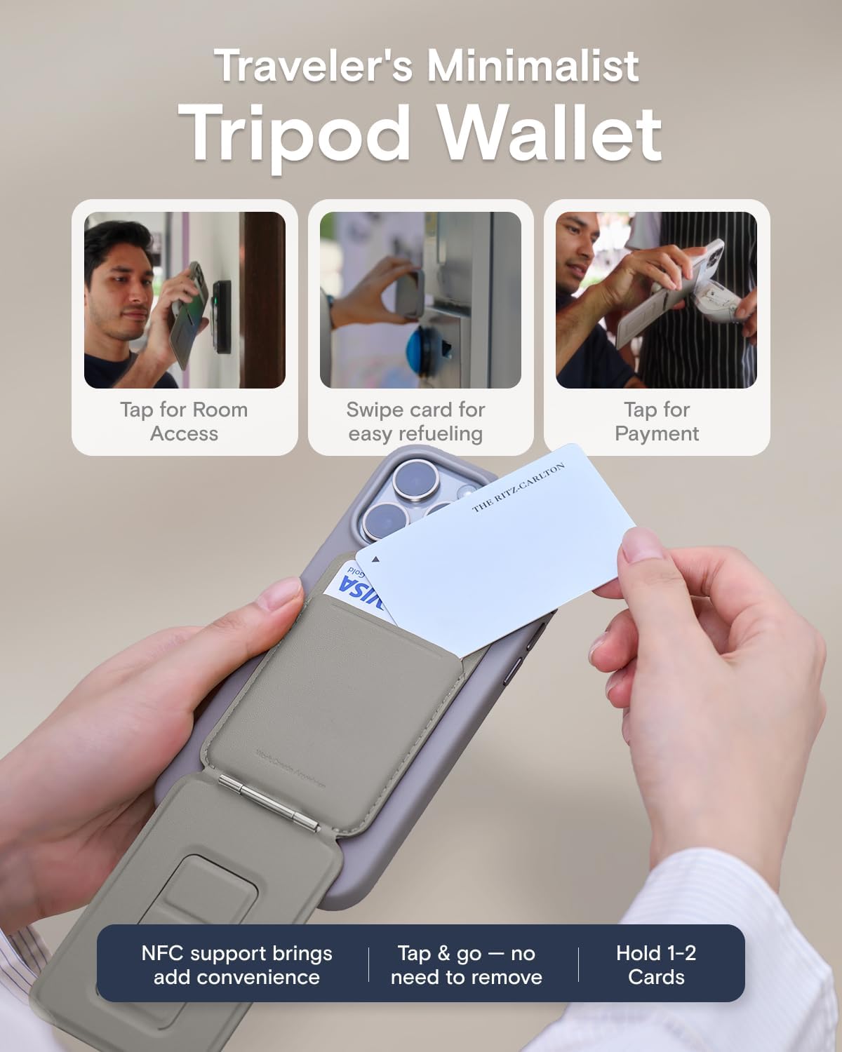 MOFT Phone Tripod Wallet for iPhone, Mulit-Angles, Lightweight & Portable Phone Stand, MOVAS Vegan Leather Magnetic Wallet, Strong Magnets, NFC Card Holder,Travel Essential, Taupe (with Card Slot) - Image 4