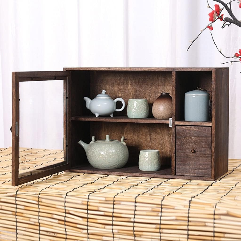 Solid Wood Dustproof Glass Desktop Storage Box Teapot Cosmetic Stationery Rack Tea Set Storage Cabinet Student