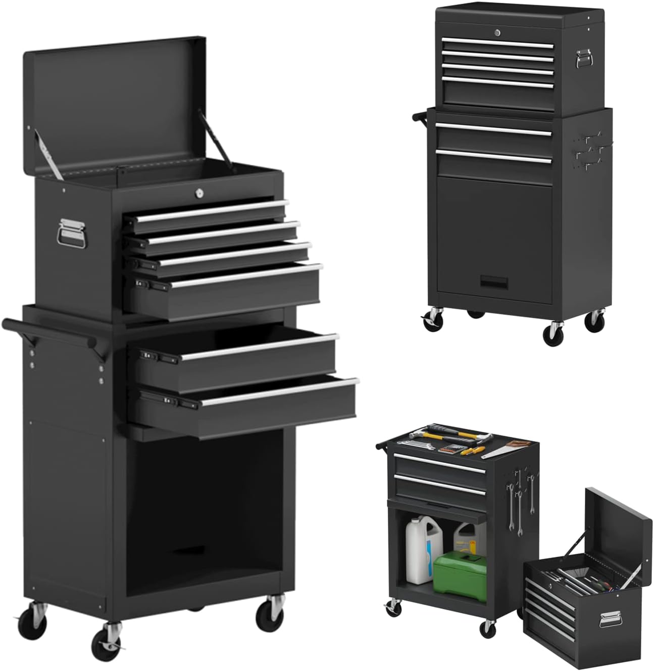 ERGOMASTER Rolling Tool Chest and Cabinet with 6-Drawers - Includes 4-Drawers Removable Top Box, 2-Drawer Capacity Tool Storage, Wheels and Locking System for Convenient and Safe Tool Storage-Black