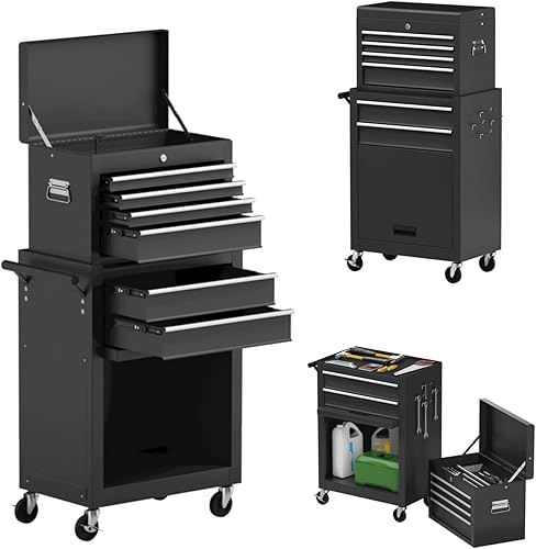 ERGOMASTER Caja de herramientas con ruedas y armario con 6 cajones, incluye caja superior extraíble de 4 cajones, almacenamiento de herramientas con