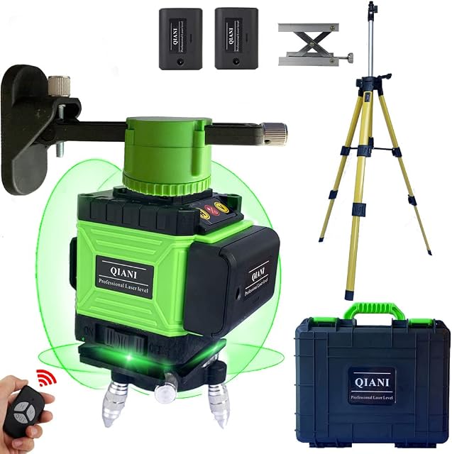 Qiani 3X360 Laser Level Green Self Leveling with Tripod,Rotary 12 Lines Laser Level-4 Vertical Lines 8 Horizontal Lines,with 2 Li-ion Batteries and Hard Carry Case