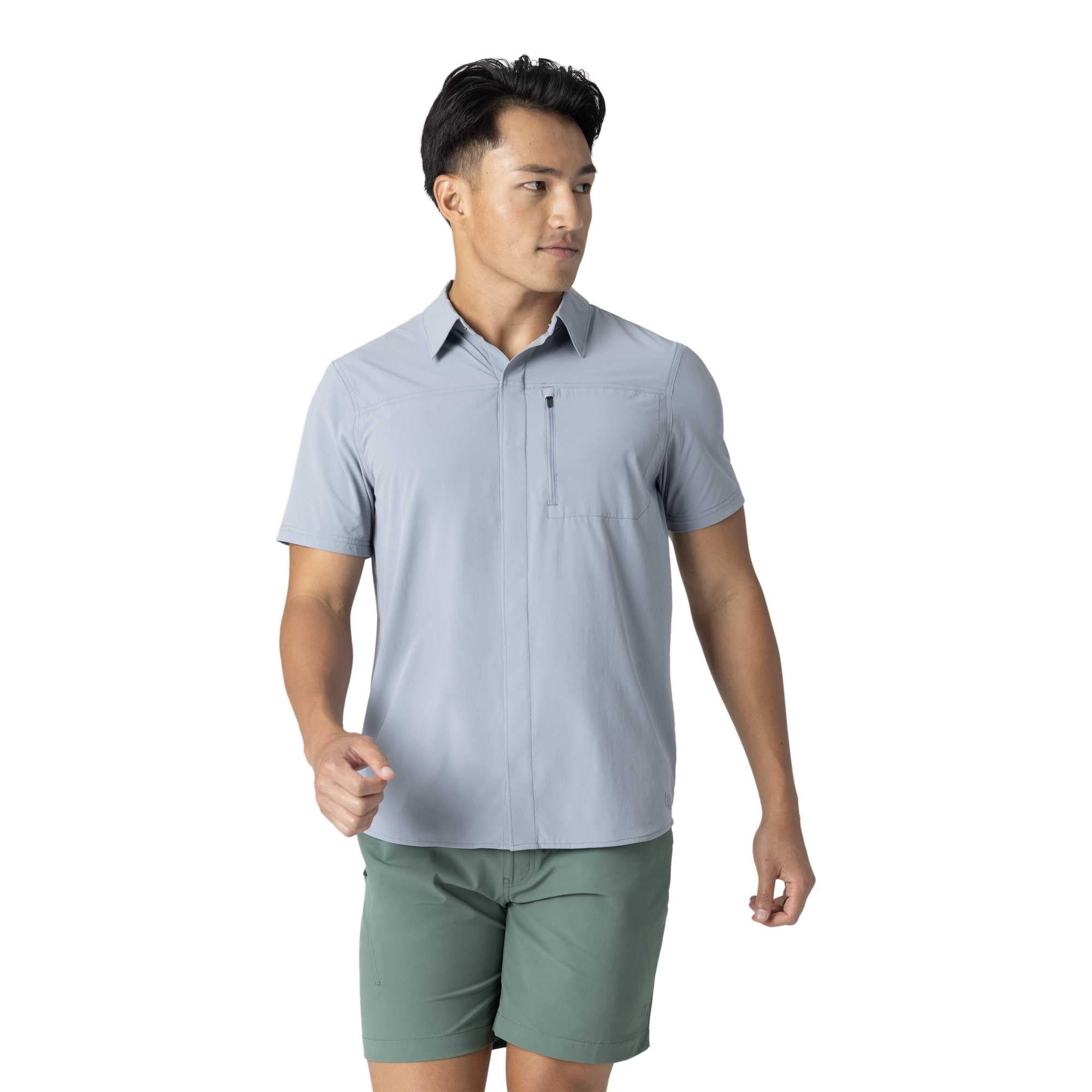 Outdoor Research Astroman Air - Camiseta de manga corta para hombre, parte trasera ventilada, transpirable, UPF 30+, botón a presión, camiseta de senderismo