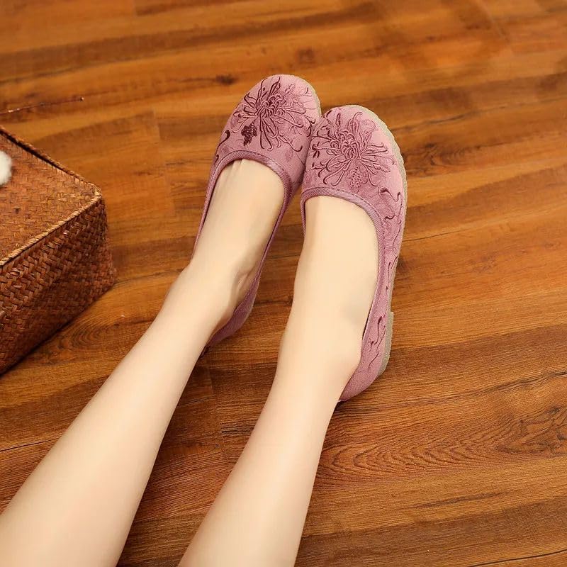 JYHBHMZG Soft Jacquard Cotton Embroidered Women Slip On Ballet Flats Comfortable Casual Platform Shoes Gray Beige3