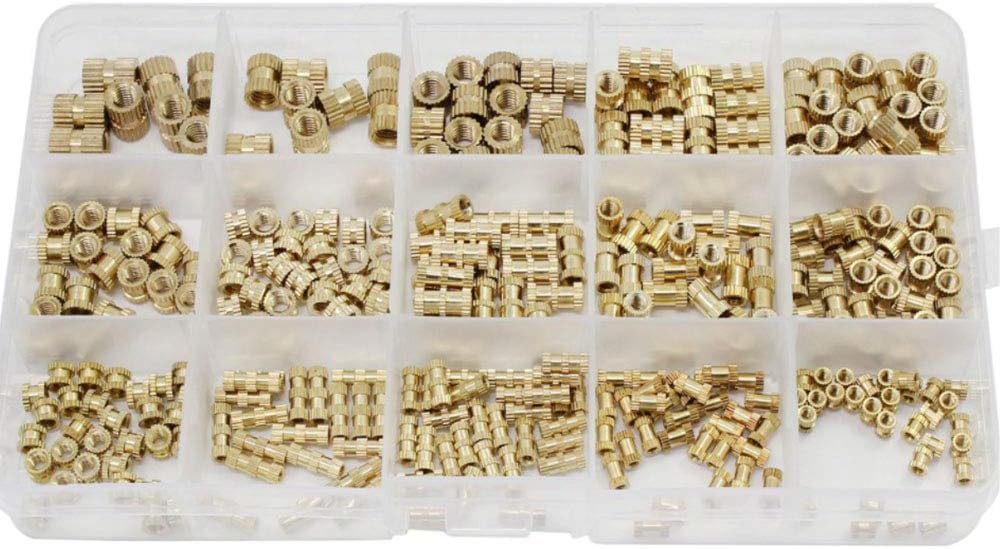 Knurled Nut, Metric Threaded Brass Knurl Round Insert Nuts Assortment Kit with Plastic Box Brass Cylinder Knurled Threaded Round Insert Embedded Nuts
