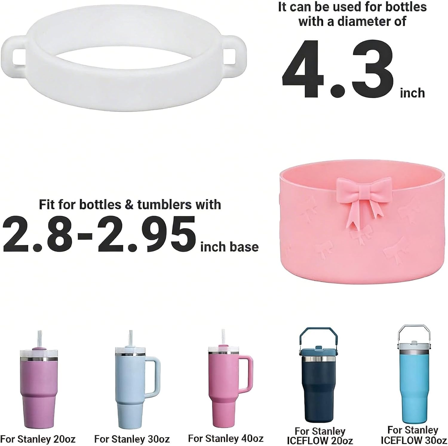 4-Piece Bow & Pearl Cup Accessories Set Compatible with Stanley 40oz & 30oz Quencher Tumbler - Includes Bow Straw Topper, Silicone Boot, Pearl Charms, Handle Strap (Black)