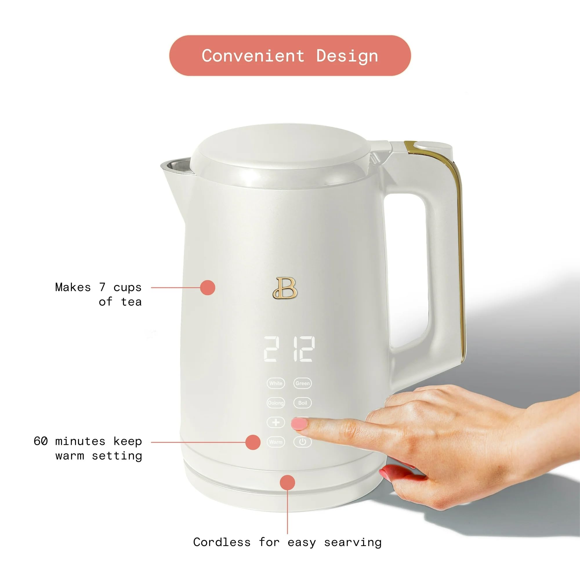Electric Kettle 1.7L 1500W with Touch-Activated Display, Programmable Temperature Control, 4 Preset Tea Settings, Auto Shut-Off, 360° Base (White Icing)