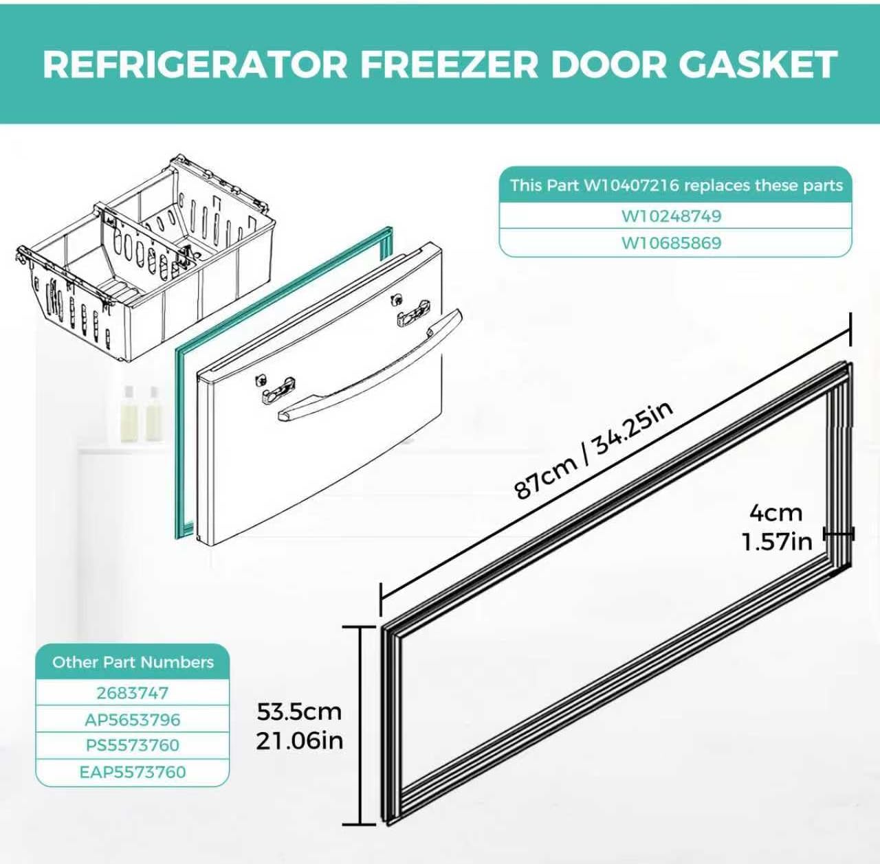 W10407216 Freezer Door Gasket Seal Panel for Whirlpool Maytag KitchenAid Jenn-Air and Kenmore Refrigerators Replace W10248749 W10685869 21.06 x 34.25 x 1.57in (Gry)