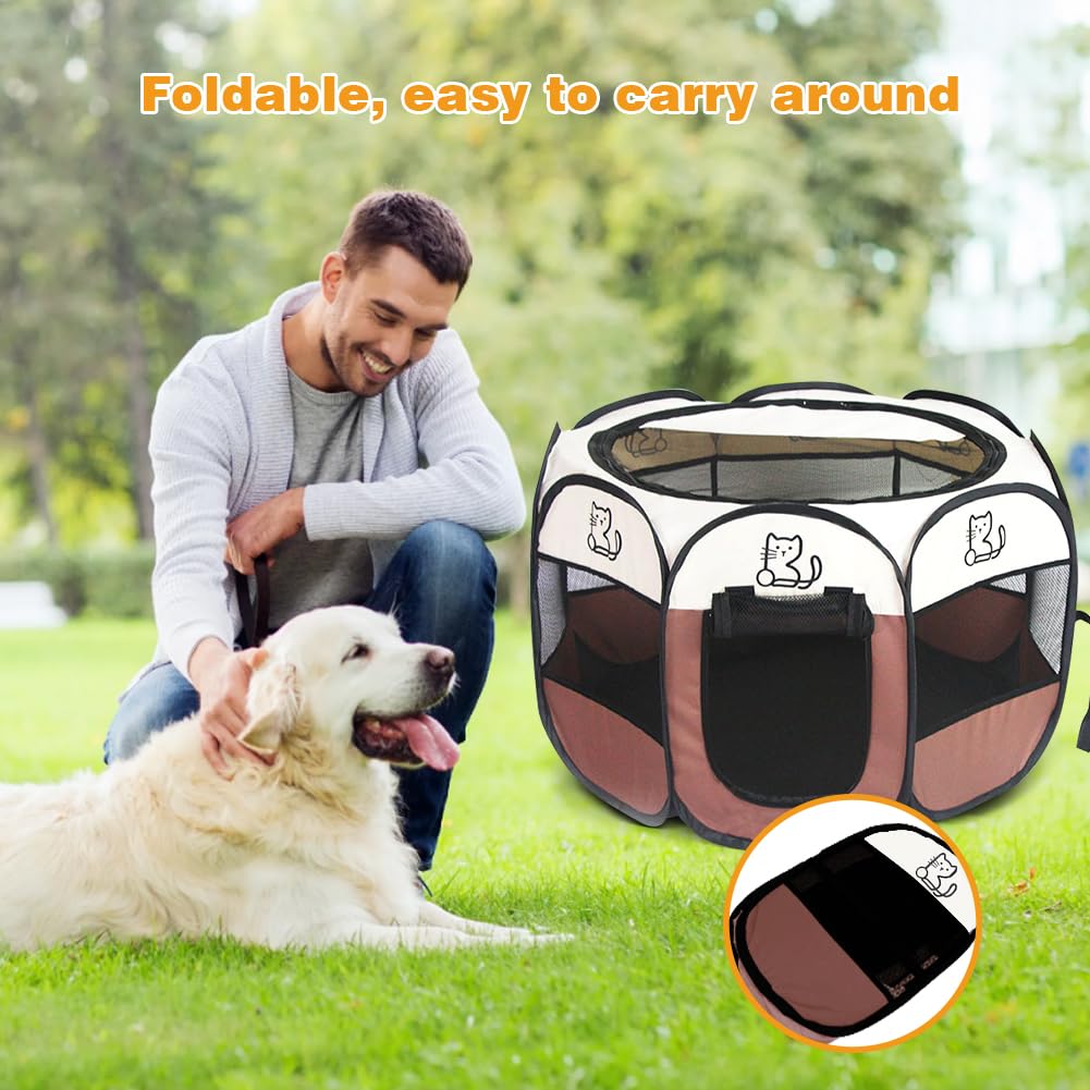Parque Plegable para Mascotas 74x74x43cm – EUBSWA Parque Ideal para Perros, Gatos, Animales Pequeños, Interior y Exterior (Marrón)