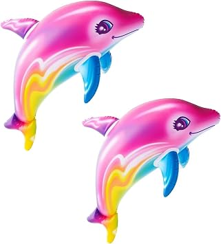 Zugar Land Large 36" Pink Rainbow Colorful Dolphin Inflatable Pool Toy Set of 2 Inflate Beach Poolside Aquatic Themed Decor Birthday Party Decoration