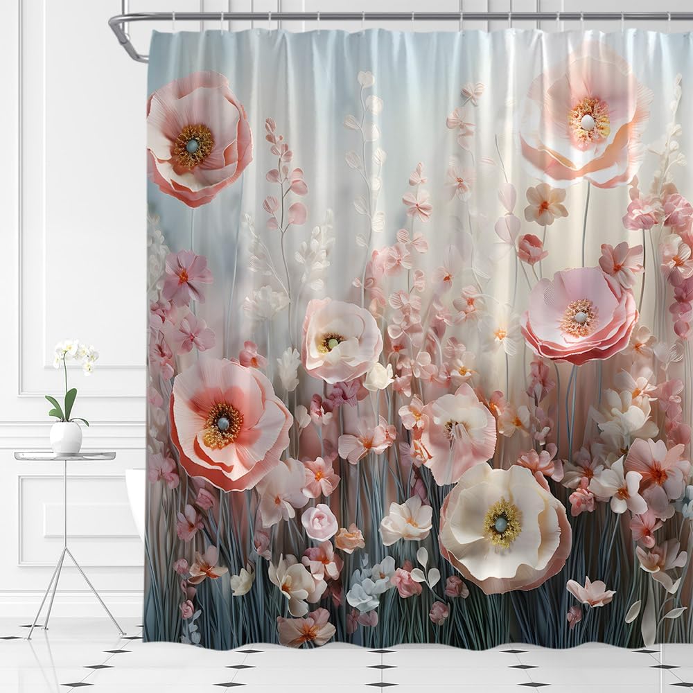 Colorful Flowers Shower Curtain Watercolor Flower Pink Floral Spring Plants Romantic Wildflower Butterfly Pretty Nature Scenery Fabric Bathroom Decor Set with Hooks(84" Wx70 H)