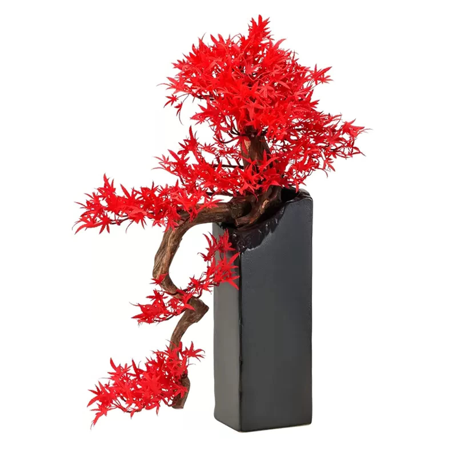 Simulation Tree Artificial Bonsai Tree Red Leaf Natural Root Carving and Black Base, Fake Plant Decoration, Realistic Potted Artificial House Plants for Home Decor, Desktop Display Artificial Bonsai T