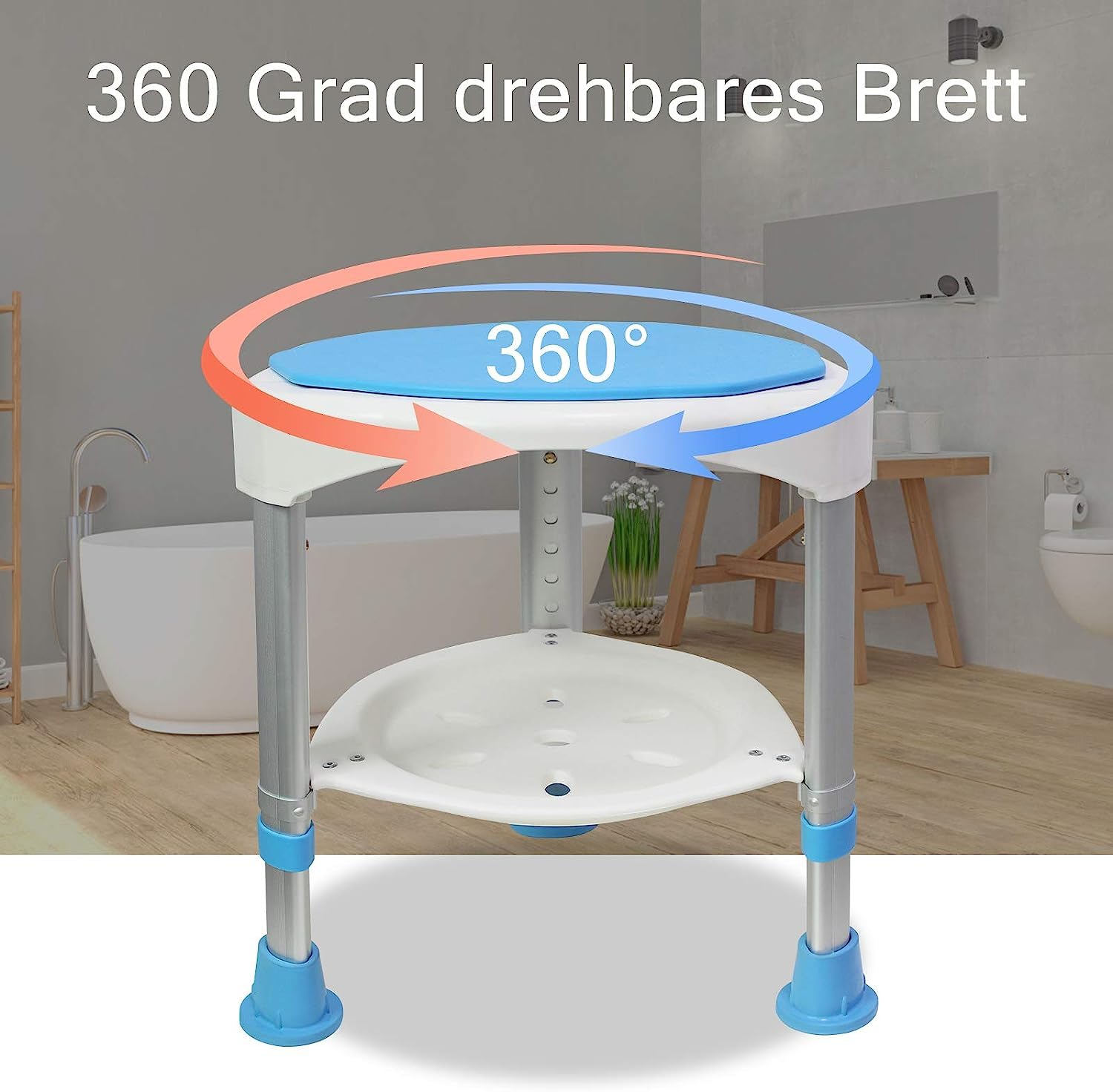 LZQ, sgabello da doccia, 45-57 cm, regolabile in altezza e girevole a 360°, per anziani e donne incinte, ausilio per doccia, antiscivolo, colore: blu