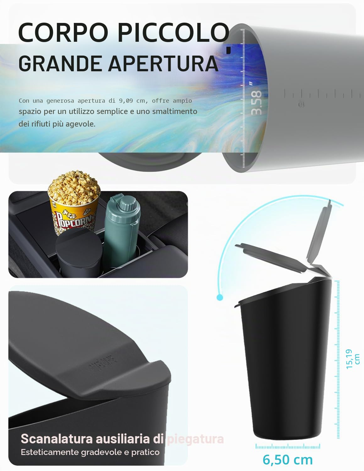 BMZX Pattumiera per auto con coperchio, piccolo portabicchieri, tasca per porta, bidone della spazzatura per auto, casa, ufficio, nero, confezione da 1
