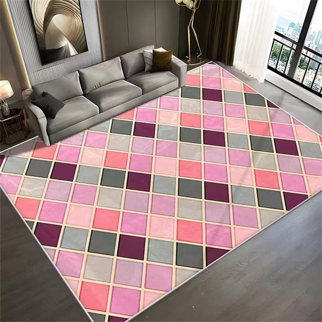 Tapis carré 200x200cm rose à carreaux moderne et lavable pour chambre