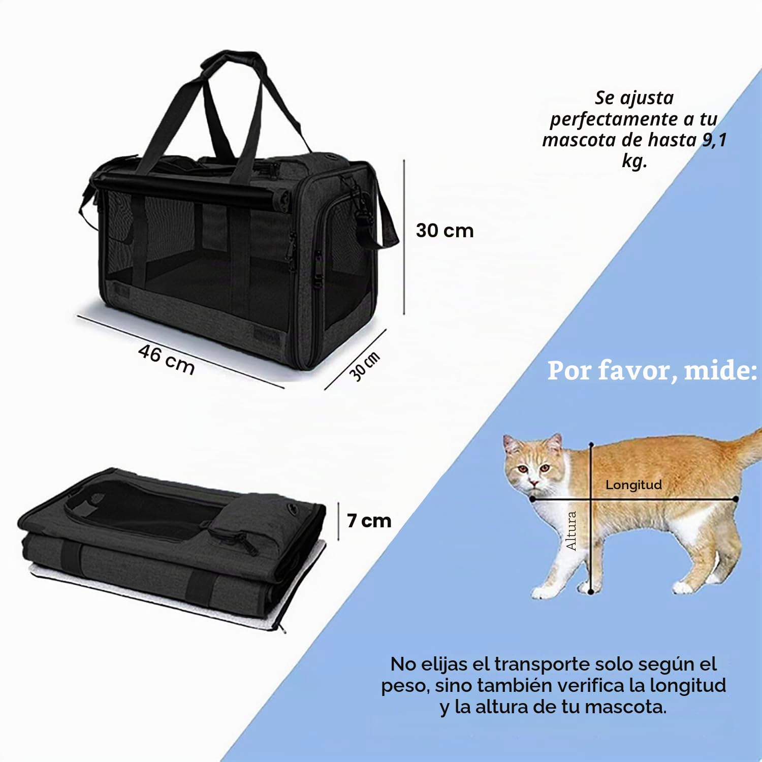 Transportin para Gatos，Transportin Perro Pequeño,Transporte para Gatos Grandes y Perros Medianos hasta 7.5 kg,Gatos Correa de Hombro Ajustable y Colchón Suave,46×30×30 cm